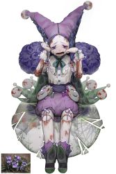 Rule 34 | ambiguous gender, blue flower, broken glass, crying, doll joints, flower, full body, glass, highres, joints, open mouth, original, personification, puffy shorts, purple eyes, purple headwear, purple shorts, rinotuna, shadow, shorts, simple background, sitting, solo, tears, white background