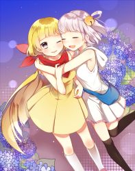 Rule 34 | 2girls, absurdres, bag, bell, black socks, blonde hair, blue flower, blush, breasts, character request, cheek-to-cheek, closed eyes, commentary request, dress, flower, frilled dress, frills, grey eyes, hair bell, hair ornament, heads together, heart, heart-shaped pupils, highres, hood, hooded dress, hug, hydrangea, kneehighs, leaf, leafwow, long hair, looking at viewer, multiple girls, one eye closed, over-kneehighs, pleated dress, red scarf, scarf, shoulder bag, sleeveless, sleeveless dress, smile, socks, standing, symbol-shaped pupils, thighhighs, very long hair, white dress, white hair, white legwear, yellow dress