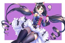 Rule 34 | 1girl, agibe, anger vein, angry, animal ear fluff, animal ears, black hair, black panties, black thighhighs, blue jacket, blush, breasts, cat ears, clenched hand, commentary, cowboy shot, detached sleeves, dress, drill hair, fang, frilled dress, frilled sleeves, frills, garter straps, gluteal fold, green eyes, highres, hug, jacket, karyl (princess connect!), long hair, looking at viewer, medium breasts, off-shoulder jacket, off shoulder, open mouth, panties, pantyshot, princess connect!, purple background, simple background, solo, spoken anger vein, thighhighs, thighs, twin drills, twintails, underwear, wavy mouth, wind, wind lift