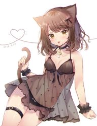Rule 34 | 1girl, :3, animal ears, bad id, bad pixiv id, black panties, blush, breasts, brown eyes, brown hair, cat day, cat ears, cat tail, choker, empire waist, heart, heart of string, lingerie, looking at viewer, medium breasts, negligee, noda shuha, open mouth, original, panties, short hair, solo, tail, underwear, wrist cuffs