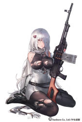 Rule 34 | 1girl, ammunition, ammunition belt, bare shoulders, bear hair ornament, belt, between breasts, black footwear, blazer, blush, boots, breast press, breasts, covered erect nipples, dress, eyebrows, full body, girls&#039; frontline, gun, hair between eyes, hair ornament, hair over one eye, high heel boots, high heels, holding, holding gun, holding weapon, impossible clothes, jacket, kishiyo, large breasts, leotard, long hair, looking at viewer, machine gun, magazine (weapon), necktie, necktie between breasts, no bra, nose, official art, pantyhose, parted lips, pk (girls&#039; frontline), pk machine gun, pleated dress, red eyes, revision, scarf, short dress, simple background, sitting, solo, strap, thigh boots, thighhighs, torn boots, torn clothes, torn legwear, very long hair, weapon, white background, white hair, white scarf