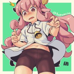 Rule 34 | 1girl, ^^^, bell, bike shorts, blush, brown background, brown eyes, brown shorts, collared shirt, commentary request, dress shirt, green background, hair between eyes, horns, long hair, looking at viewer, mawaru (mawaru), navel, nose blush, open mouth, original, pink hair, shirt, short shorts, short sleeves, shorts, solo, sweat, thick eyebrows, twitter username, two-tone background, very long hair, white shirt