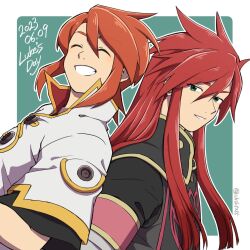 Rule 34 | 2boys, asch (tales), back-to-back, black jacket, black shirt, buttons, character name, closed eyes, commentary request, dated, green eyes, grin, hair between eyes, high collar, highres, jacket, long hair, luke fon fabre, male focus, military, military uniform, multiple boys, official alternate hair length, official alternate hairstyle, parted lips, red hair, shiki 123, shirt, short hair, short sleeves, sidelocks, smile, tales of (series), tales of the abyss, teeth, twitter username, uniform, upper body, white jacket