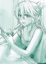 Rule 34 | 1girl, aqua theme, bad id, bad twitter id, blanket, blush, bow, breasts, cellphone, eating, fang, food, hair between eyes, highres, jewelry, kantai collection, long hair, looking at viewer, medium breasts, monochrome, open mouth, phone, popsicle, ring, shirt, sitting, sleeveless, sleeveless shirt, solo, spot color, tone (kancolle), twintails, wedding band, yami (m31)