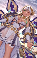 Rule 34 | 1girl, absurdres, andromeda (fate), andromeda (first ascension) (fate), armlet, bare shoulders, belly chain, blonde hair, blush, braid, breasts, chain, cleavage, cloud, collar, crown braid, cuffs, dark-skinned female, dark skin, detached sleeves, dress, fate/grand order, fate (series), gold teeth, green eyes, hair ornament, highres, jaws, jewelry, large breasts, long hair, looking at viewer, low twintails, metal collar, multicolored hair, one eye closed, open mouth, shackles, short dress, sidelocks, sky, smile, solo, thighs, toukan, twintails, two-tone hair, white dress, white hair