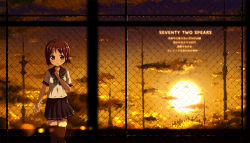 Rule 34 | 1girl, against fence, aki (akisora hiyori), bandaged arm, bandages, black thighhighs, blue skirt, blurry, blush, brown eyes, brown hair, chain-link fence, cloud, collarbone, depth of field, english text, fence, hand on own chest, head tilt, highres, looking away, matching hair/eyes, neckerchief, original, pleated skirt, school uniform, serafuku, shirt, short sleeves, silhouette, skirt, sky, smile, solo, standing, sun, sunset, tattoo, text focus, thighhighs, tower, translation request, white shirt