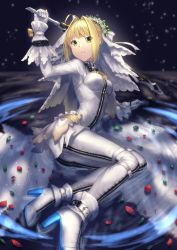 Rule 34 | 10s, 1girl, absurdres, arm support, belt, blonde hair, blurry, bodysuit, boots, bow, breasts, chain, depth of field, eyebrows, fate/extra, fate/extra ccc, fate (series), flower, full-length zipper, gloves, green eyes, hair bow, hair flower, hair intakes, hair ornament, high heels, highres, holding, holding sword, holding weapon, leaning to the side, light particles, lock, long sleeves, looking at viewer, matsuharu (lip-mil), medium breasts, nero claudius (bride) (fate), nero claudius (fate), nero claudius (fate) (all), overskirt, padlock, partially submerged, petals, ripples, sitting, solo, sword, thigh strap, veil, water, weapon, white bow, white flower, white footwear, wrist cuffs, yokozuwari, zipper