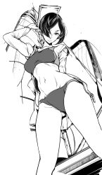 Rule 34 | 1girl, boat, cowboy shot, endou okito, greyscale, hair over one eye, highres, jacket, looking down, monochrome, navel, open clothes, open jacket, open mouth, otohime diver, short hair, solo, sports bikini, tank top, thighs, watercraft, zipper pull tab