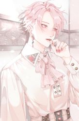 Rule 34 | 1boy, bow, collared shirt, earrings, floral print, flower ornament, girly boy, highres, indoors, jewelry, leaf print, lens flare, long sleeves, looking away, looking to the side, nail polish, open mouth, original, pink bow, pink eyes, pink hair, pink nails, pink theme, rimei1226, shirt, short hair