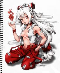 Rule 34 | 1girl, artist name, bad id, bad twitter id, bare arms, bow, breasts, cigarette, collar, colorized, commentary request, eyebrows, fire, fujiwara no mokou, full body, hair bow, hand in pocket, highres, kazesayuru, kneeling, long hair, looking at viewer, low-tied long hair, medium breasts, mouth hold, navel, no bra, ofuda, open clothes, open shirt, pants, red collar, red eyes, red pants, scan, shirt, simple background, smile, smoke, smoking, solo, suspenders, torn clothes, torn shirt, touhou, very long hair, white background, white bow, white hair, wristband