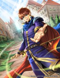 Rule 34 | 1boy, armor, blue eyes, building, eliwood (fire emblem), fire emblem, fire emblem: the blazing blade, fire emblem cipher, holding, holding sword, holding weapon, nintendo, official art, open mouth, outdoors, outstretched arm, red hair, solo, sword, town, toyota saori, weapon