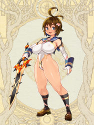 Rule 34 | 1girl, ahoge, blue eyes, breasts, brown footwear, brown hair, covered navel, dairoku ryouhei, elbow gloves, covered erect nipples, full body, gloves, hair ornament, hairclip, heart, heart hair ornament, holding, holding sword, holding weapon, large breasts, leotard, looking at viewer, official art, open mouth, ryoji (nomura ryouji), short hair, smile, solo, standing, sword, thighhighs, weapon