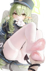Rule 34 | 1girl, absurdres, black skirt, blue archive, chair, crying, crying with eyes open, demon tail, feet, food on hand, gloves, green hair, green halo, halo, hikari (blue archive), highres, looking at viewer, no shoes, on chair, pantyhose, pointy ears, skirt, soles, tail, tears, underwear, white background, white gloves, white pantyhose, yellow eyes, yonchan