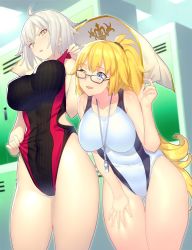Rule 34 | 2girls, adapted costume, black one-piece swimsuit, blonde hair, blue eyes, competition swimsuit, cowboy shot, fate/grand order, fate (series), glasses, hand on own thigh, highleg, highleg swimsuit, highres, indoors, jeanne d&#039;arc alter (swimsuit berserker) (fate), jeanne d&#039;arc (fate), jeanne d&#039;arc (ruler) (fate), jeanne d&#039;arc (swimsuit archer) (fate), jeanne d&#039;arc (swimsuit archer) (second ascension) (fate), jeanne d&#039;arc alter (fate), kanjy00u, leaning forward, locker, locker room, long braid, long hair, multiple girls, one-piece swimsuit, one eye closed, ponytail, silver hair, standing, striped clothes, striped one-piece swimsuit, swimsuit, v-shaped eyebrows, whistle, whistle around neck, white one-piece swimsuit, yellow eyes