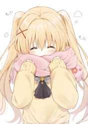 Rule 34 | 1girl, ^ ^, ascot, black ascot, blonde hair, blush, closed eyes, commentary request, eyes visible through hair, floral print, hair between eyes, hair intakes, hair ornament, hands up, happy, highres, long hair, pink scarf, sakura aki, scarf, simple background, sleeves past wrists, solo, summer pockets, sweater, tsumugi wenders, twintails, upper body, very long hair, white background, x hair ornament, yellow sweater