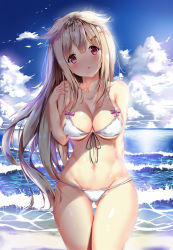 Rule 34 | 1girl, :o, alternate costume, arm behind back, beach, bikini, blonde hair, blue sky, blush, breasts, cleavage, cloud, collarbone, cowboy shot, day, duan zou de zhong zhang, floating hair, front-tie bikini top, front-tie top, groin, hair between eyes, hair flaps, hair ornament, hair ribbon, hairclip, hand up, head tilt, highres, kantai collection, long hair, looking at viewer, medium breasts, messy hair, navel, ocean, open mouth, outdoors, red eyes, ribbon, shiny skin, sidelocks, sky, solo, stomach, swimsuit, thighs, very long hair, waves, white bikini, wind, yuudachi (kancolle)
