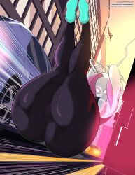 Rule 34 | 1boy, 1girl, absurdres, ass, ass focus, bodysuit, breasts, highres, hood, hood down, hooded bodysuit, hoodie, huge ass, laundrymom, marvel, mask, medium breasts, shoes, silk, skin tight, sneakers, solo, spider-gwen, spider-man: across the spider-verse, spider-man (miles morales), spider-man (series), spider-verse, spider web, spider web print, superhero costume, swinging, thick thighs, thighs, trefoil
