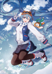 Rule 34 | 1girl, ;d, black skirt, blue eyes, blue hair, boots, breasts, brown pantyhose, day, fen renlei, gloves, goggles, goggles on head, grey gloves, hair between eyes, hand up, hat, hatsune miku, jacket, long hair, long sleeves, looking at viewer, one eye closed, open mouth, outdoors, pantyhose, rabbit yukine, ski goggles, skirt, small breasts, smile, snowboard, snowboarding, snowflakes, twintails, v-shaped eyebrows, very long hair, vocaloid, w, white footwear, white headwear, white jacket, yuki miku, yuki miku (2016)