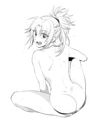 Rule 34 | 1girl, ass, ass cutout, back, braid, breasts, butt crack, clothing cutout, dimples of venus, fate/apocrypha, fate (series), french braid, greyscale, hair ornament, hair scrunchie, long hair, looking at viewer, looking back, monochrome, moopiekun, mordred (fate), mordred (fate/apocrypha), open mouth, parted bangs, ponytail, scrunchie, sidelocks, simple background, sitting, small breasts, solo, thighs, topless