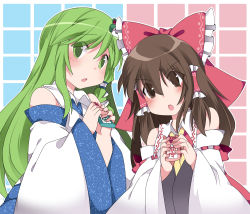 Rule 34 | 2girls, ascot, bad id, bad pixiv id, bare shoulders, bow, brown eyes, brown hair, clothes lift, commentary request, detached sleeves, frog hair ornament, green hair, hair bow, hair ornament, hair tubes, hakurei reimu, hammer (sunset beach), kochiya sanae, long hair, looking at viewer, multiple girls, omamori, open mouth, skirt, skirt lift, snake hair ornament, touhou, upper body, wide sleeves