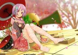 Rule 34 | 1girl, 3d background, animal print, bird print, board game, bowl, confetti, dot nose, double dealing character, flower, hair flower, hair ornament, highres, holding, holding umbrella, japanese clothes, kimono, light purple hair, long sleeves, mini person, minigirl, oil-paper umbrella, pink thighhighs, plant, radiosity (yousei), red eyes, red umbrella, shogi, shogi piece, short hair, sitting, smile, solo, sukuna shinmyoumaru, thighhighs, touhou, umbrella, wide sleeves, wireframe