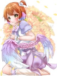 Rule 34 | 1girl, alternate hairstyle, angel wings, aqua flower, artist name, artist request, bare legs, barefoot, bow, bowtie, breasts, bridal garter, center frills, detached collar, dress, feet, female focus, flower, frilled shorts, frills, from behind, full body, green eyes, hair between eyes, hair flower, hair ornament, hair ribbon, hairclip, highres, hoshizora rin, legwear garter, looking at viewer, looking back, love live!, love live! school idol festival, love live! school idol project, orange hair, pants, parted lips, puffy short sleeves, puffy shorts, puffy sleeves, purple bow, purple bowtie, purple flower, purple pants, purple shorts, ribbon, see-through, see-through legwear, short hair, short shorts, short sleeves, shorts, single legwear garter, sitting, small breasts, smile, solo, striped bow, striped bowtie, striped clothes, striped neckwear, white background, white detached collar, white dress, white wings, white wrist cuffs, wings, worried, wrist cuffs, x hair ornament, yellow eyes, yellow ribbon