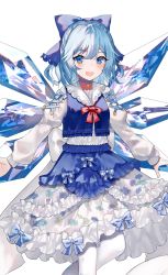 Rule 34 | 1girl, :d, alternate costume, back bow, blue bow, blue choker, blue dress, blush, bow, choker, cirno, commentary, crystal, dress, dress bow, eyelashes, frilled dress, frills, hair bow, ice, ice wings, long sleeves, open mouth, red neckwear, red ribbon, ribbon, sakizaki saki-p, sash, shirt, short hair, simple background, smile, solo, standing, teeth, thighhighs, tongue, touhou, twitter username, upper teeth only, white background, white sash, white shirt, white sleeves, white thighhighs, wings