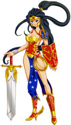 Rule 34 | 1girl, amazon warrior, ame-comi, armor, black hair, boots, breasts, cleavage, dc comics, female focus, full body, headdress, high heels, kikisuke t, lasso, leotard, loincloth, long hair, ponytail, shield, shoulder pads, simple background, solo, sword, weapon, white background, wonder woman, wonder woman (series)