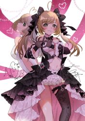 Rule 34 | 2girls, ahoge, arms behind back, b9-n3, bare shoulders, black bow, black dress, black gloves, black ribbon, black sleeves, black thighhighs, blonde hair, blush, bow, breasts, brooch, character signature, choker, cleavage, closed mouth, clothing cutout, collar, detached collar, detached sleeves, dot nose, dress, dress bow, dual persona, earrings, finger heart, gem, gloves, green eyes, hair bow, hair ribbon, hands up, heart, heart brooch, heart earrings, heart in eye, highres, idolmaster, idolmaster cinderella girls, idolmaster cinderella girls starlight stage, jewelry, large breasts, layered dress, long hair, looking at viewer, midriff, multiple girls, navel, pearl (gemstone), ribbon, ribbon choker, sato shin, signature, single thighhigh, smile, standing, stomach cutout, strapless, strapless dress, symbol in eye, thighhighs, twintails, two-tone background, white collar, white dress