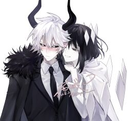 1boy 1girl artist_name black_eyes black_hair black_jacket black_necktie black_sclera blush cape closed_eyes closed_mouth coat collared_shirt colored_sclera demon_boy demon_horns etihw_(funamusea) formal_clothes funamusea fur-trimmed_cape fur_trim haiiro_teien hair_between_eyes highres hood horns jacket kcalb_(funamusea) long_sleeves looking_at_another medium_hair necktie pale_skin shirt short_hair signature simple_background smile suit upper_body watermark white_background white_hair white_shirt xi_yuu