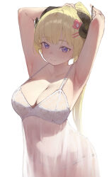 1girl absurdres alternate_costume animal_ears armpits arms_up babydoll blonde_hair blush breasts cleavage closed_mouth commentary covered_navel hair_ornament hair_tie hairclip highres holding holding_hair_tie holding_own_hair hololive horns large_breasts long_hair navel panties ponytail purple_eyes see-through_babydoll see-through_clothes sheep_ears sheep_girl sheep_horns simple_background solo theflatfacadeds tsunomaki_watame tying_hair underwear virtual_youtuber white_background white_panties