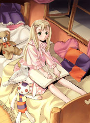Rule 34 | 1girl, bear, bed, bird, mattaku mousuke, pajamas, parrot, rabbit, sitting, solo, stuffed animal, stuffed rabbit, stuffed toy