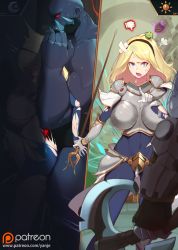 Rule 34 | 1boy, 1girl, absurdres, anger vein, armor, before and after, blonde hair, blue eyes, bodysuit, boobplate, breastplate, breasts, broken armor, colored skin, covered navel, day, grey skin, highres, instant loss, large breasts, league of legends, long hair, lux (league of legends), patreon, pointing, pointing at another, rape, red eyes, sex, sion (league of legends), stomach bulge, tagme, torn bodysuit, torn clothes, undead, yanje