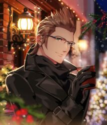 Rule 34 | 1boy, artist name, black gloves, black jacket, black scarf, blurry, blurry background, blurry foreground, brown hair, christmas, cup, final fantasy, final fantasy xv, glasses, gloves, green eyes, hair slicked back, hinoe (dd works), holding, holding cup, ignis scientia, jacket, lamp, long sleeves, looking at viewer, male focus, outdoors, popped collar, scarf, short hair, sideburns, smile, solo, steam, upper body