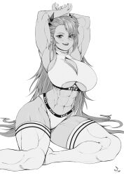 Rule 34 | 1girl, abs, akeno(itsnafulol), armpits, arms up, blush, breasts, cleavage cutout, clothes writing, clothing cutout, fang, flexing, hair between eyes, hair over one eye, long hair, midriff, muscular, muscular female, open mouth, smile, speedl00ver, sports bikini, sports bra, sportswear, thick thighs, thighhighs, thighs, underboob, wide hips