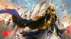 Rule 34 | 1girl, absurdres, alice zuberg, armor, blonde hair, blue cape, blue eyes, breastplate, cape, closed mouth, cloud, cloudy sky, gauntlets, hair ribbon, hairband, highres, holding, holding sword, holding weapon, long hair, pauldrons, petals, ribbon, shoulder armor, sidelocks, sky, solo, standing, sword, sword art online, two-handed, weapon, white hairband, white ribbon, yellow armor