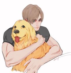 Rule 34 | 1boy, arm around neck, artist name, black shirt, blonde hair, blue eyes, dog, golden retriever, highres, hug, leon s. kennedy, light smile, looking at viewer, male focus, mnine5, parted bangs, resident evil, shirt, short hair, short sleeves, tight clothes, tight shirt, toned, toned male, tongue, tongue out, upper body, white background