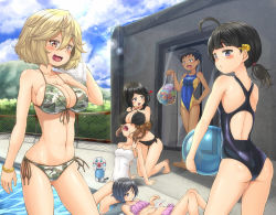 Rule 34 | 6+girls, ahoge, ass, back, bag, ball, beachball, bikini, bikini skirt, black bikini, black eyes, black hair, black sash, blonde hair, blue one-piece swimsuit, blunt bangs, blush, breast envy, breast rest, breasts, breasts on head, brown eyes, brown hair, camouflage, camouflage bikini, character request, cleavage, closed mouth, commentary request, dark-skinned female, dark skin, day, eikiri eimu, feet out of frame, fence, flat chest, full body, hair between eyes, hair bun, hair ornament, halterneck, hand on own hip, heart, highres, holding, holding bag, ido romeko, junk gaming maiden, kitsunerider, kneeling, large breasts, lens flare, looking at another, looking at viewer, looking to the side, marumi (junk gaming maiden), medium breasts, mole, mole under eye, multiple girls, navel, one-piece swimsuit, open mouth, outdoors, pink bikini, pool, ryou-san (junk gaming maiden), sash, school swimsuit, short hair, small breasts, smile, standing, swimsuit, tommy (junk gaming maiden), very short hair, water, white one-piece swimsuit