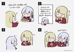 Rule 34 | 2girls, ^ ^, arm at side, assault lily, blonde hair, blunt bangs, blush, braid, brown sailor collar, chibi, closed eyes, comic, cream, cream on face, cream puff, cropped torso, eating, eighth note, facing another, food, food on face, grey background, grey hair, hair ribbon, hand up, hands up, highres, holding, holding food, holding plate, kabayaki (kabayaki eel), kanba girls high school uniform, kon kanaho, long hair, long sleeves, looking at another, miyagawa takane, motion lines, multiple girls, musical note, necktie, no mouth, nose blush, open mouth, plate, pointing, pointing at self, profile, purple ribbon, red shirt, ribbon, sailor collar, school uniform, serafuku, shirt, short necktie, side braid, simple background, solid oval eyes, translated, white necktie, wiping face