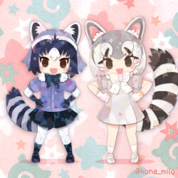Rule 34 | 2girls, animal ears, black eyes, blue hair, bow, bowtie, common raccoon (kemono friends), elbow gloves, extra ears, gloves, grey hair, kemono friends, kikuchi milo, looking at viewer, multiple girls, open mouth, pantyhose, ringtail (kemono friends), shirt, shoes, short hair, simple background, skirt, socks, tail