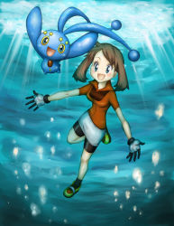 Rule 34 | 00s, bike shorts, blue eyes, blush, brown hair, creatures (company), game freak, gen 4 pokemon, gloves, happy, legendary pokemon, lowres, manaphy, may (pokemon), mythical pokemon, nintendo, pokemon, pokemon (anime), pokemon (creature), pokemon ranger and the temple of the sea, pokemon rse (anime), short hair, underwater, water