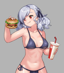 Rule 34 | 1girl, armpits, bikini, black bikini, breasts, burger, cleavage, closed mouth, cup, disposable cup, drinking straw, food, girls&#039; frontline, grey background, hair between eyes, holding, holding cup, holding food, lim jaejin, medium hair, navel, red eyes, shirt, silver hair, simple background, skirt, solo, spas-12 (girls&#039; frontline), swimsuit, tongue, tongue out