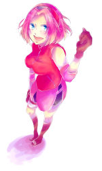 Rule 34 | 1girl, absurdres, bandages, bare shoulders, bike shorts, black footwear, black gloves, blue eyes, boots, breasts, foreshortening, from above, gloves, haruno sakura, headband, highres, holster, konohagakure symbol, looking at viewer, looking up, naruto (series), naruto shippuuden, open mouth, pink hair, red shirt, shadow, shirt, shoes, short hair, shorts, shorts under skirt, side slit, simple background, sleeveless, sleeveless shirt, smile, solo, standing, thigh holster, thigh strap, toeless footwear, toes, white background, zipper