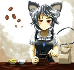 Rule 34 | 1girl, animal ears, apron, bag, basket, black apron, blush, coffee beans, coffee grinder, cup, futagojima, grey hair, hair ornament, hairclip, jewelry, maid apron, mouse ears, mouse tail, mug, nazrin, paper bag, pendant, puffy short sleeves, puffy sleeves, red eyes, short hair, short sleeves, smile, solo, tail, touhou, upper body
