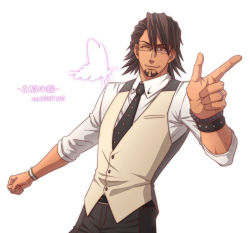 Rule 34 | 10s, 1boy, bespectacled, bracelet, brown eyes, brown hair, bug, butterfly, facial hair, glasses, bug, jewelry, kaburagi t. kotetsu, male focus, necktie, palette swap, pointing, ring, short hair, solo, stubble, tiger &amp; bunny, vest, waistcoat, watch, wedding band, wink, wristwatch