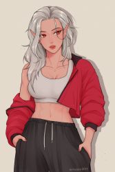 Rule 34 | 1girl, abs, absurdres, black pants, breasts, bright pupils, cleavage, commentary, cowboy shot, earrings, english commentary, fingernails, grey background, grey hair, hands in pockets, head tilt, highres, jacket, jewelry, large breasts, lipstick, long hair, long sleeves, makeup, mugen0017, nail polish, navel, off shoulder, open clothes, open jacket, original, pants, parted lips, pink nails, pointy ears, red eyes, red jacket, red lips, solo, sports bra, stud earrings, twitter username, white pupils