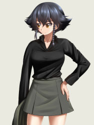 Rule 34 | 1girl, anzio military uniform, black hair, black shirt, braid, brown eyes, closed mouth, dress shirt, frown, girls und panzer, grey jacket, grey skirt, hair tie, hand on own hip, highres, holding, holding clothes, holding jacket, jacket, unworn jacket, long sleeves, looking to the side, military, military uniform, miniskirt, pepperoni (girls und panzer), ruka (piyopiyopu), shirt, short hair, side braid, simple background, skirt, solo, standing, uniform, wing collar