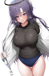 Rule 34 | 1girl, absurdres, black shirt, blue archive, blue buruma, blush, bra visible through clothes, breasts, buruma, clenched teeth, doyoon 7, groin, halo, highres, jacket, lanyard, large breasts, long hair, open clothes, open jacket, purple eyes, purple hair, shirt, simple background, solo, star sticker, sweat, taut clothes, taut shirt, teeth, thigh gap, thighs, track jacket, very long hair, wet, wet hair, white background, white jacket, yuuka (blue archive), yuuka (track) (blue archive)