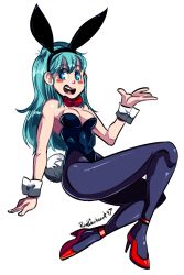 Rule 34 | 1girl, alternate costume, animal ears, bare shoulders, black leotard, blue eyes, blue hair, breasts, bulma, bunny outfit, cleavage, curvy, detached collar, dragon ball, fake animal ears, female focus, high heels, highres, large breasts, leotard, long hair, looking at viewer, pantyhose, playboy bunny, rabbit ears, rabbit tail, radlionheart, red footwear, shiny skin, signature, solo, strapless, strapless leotard, tagme, tail, wrist cuffs