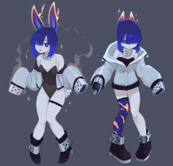 Rule 34 | 2girls, :3, animal ears, black footwear, black leotard, blue eyes, blue hair, boots, bright pupils, colored skin, daon (kenta111881), fake tail, fiery hair, full body, grey background, grey jacket, grey skin, hands up, high collar, high heel boots, high heels, highres, jacket, jacket partially removed, leotard, lighter, long sleeves, looking at viewer, multiple girls, no hands, one eye closed, open mouth, original, personification, pigeon-toed, playboy bunny, rabbit ears, rabbit tail, short hair, sidelocks, simple background, single thighhigh, sleeves past wrists, smoke, sparkle, standing, strapless, tail, thigh strap, thighhighs